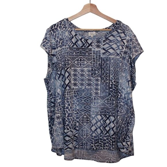 Ava James Womens 3X Blue Geometric Print Short Sleeve Top - Picture 1 of 8
